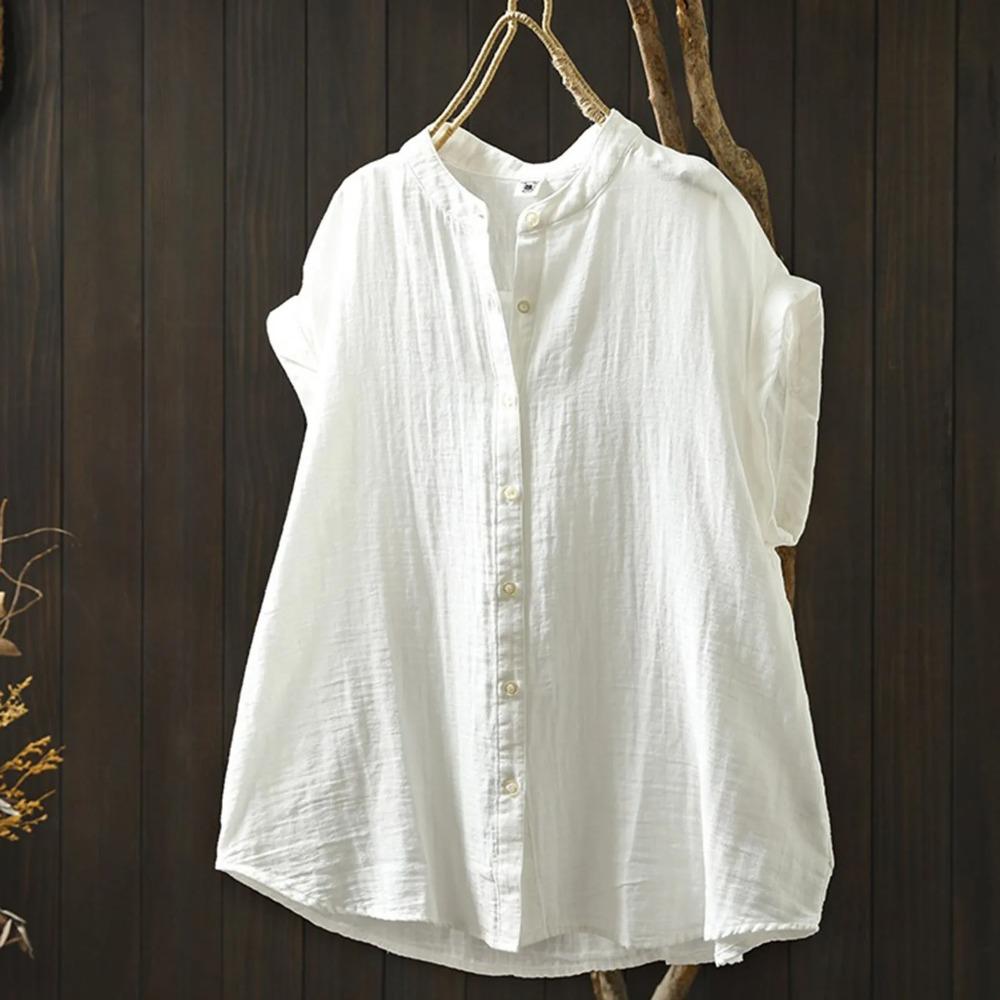 Vintage Cotton Linen Shirt Ladies Stylish Streetwear Short Sleeved Collarless Summer Blouse Women Breathbale Comfty Tops