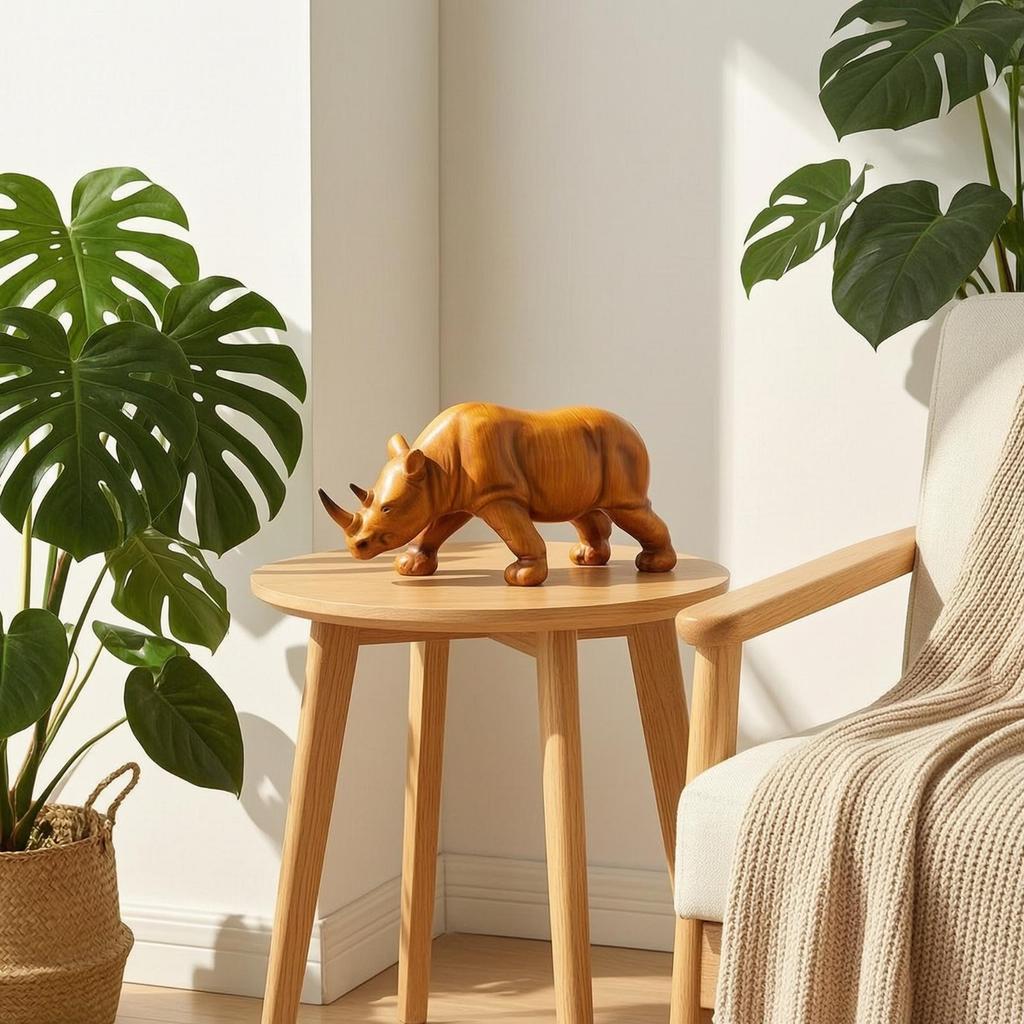 Wood Grain Rhino Statue Ebony Base Figure Realistic Rhinoceros Sculpture for Desktop, Shelf