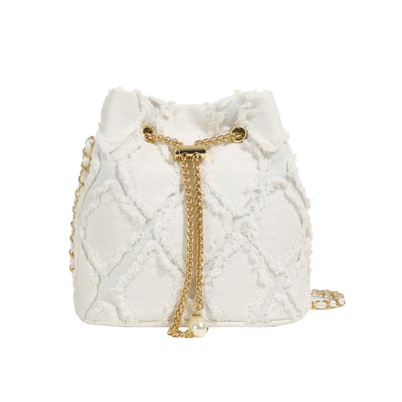 Borsa a Secchiello a Catena Ling Grid, Semplice Borsa a Tracolla, Borsa a Spalla Trendy da Donna con Coulisse e Frange
