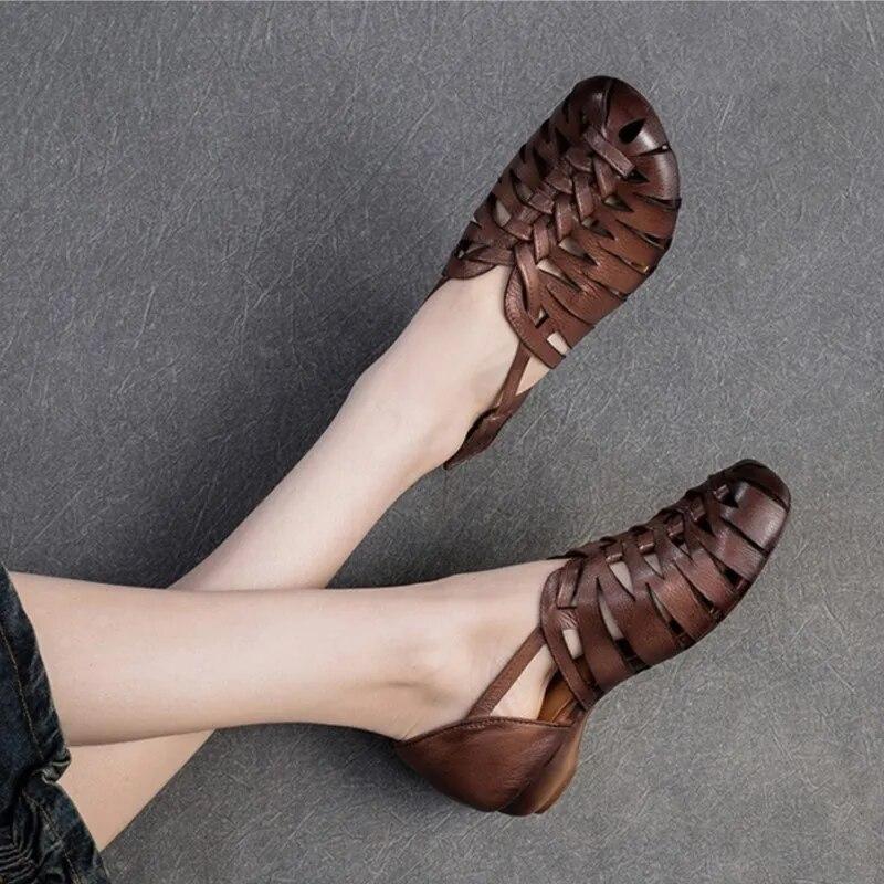 Johnature Sandali traspiranti cavi in vera pelle Scarpe da donna retrò comode e versatili