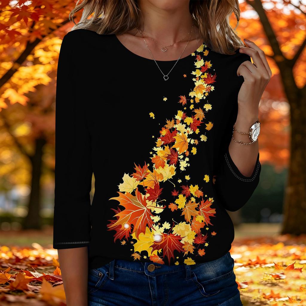 Women's Fashion Casual Three-Quarter Sleeve Round Neck Top with Leaf Print