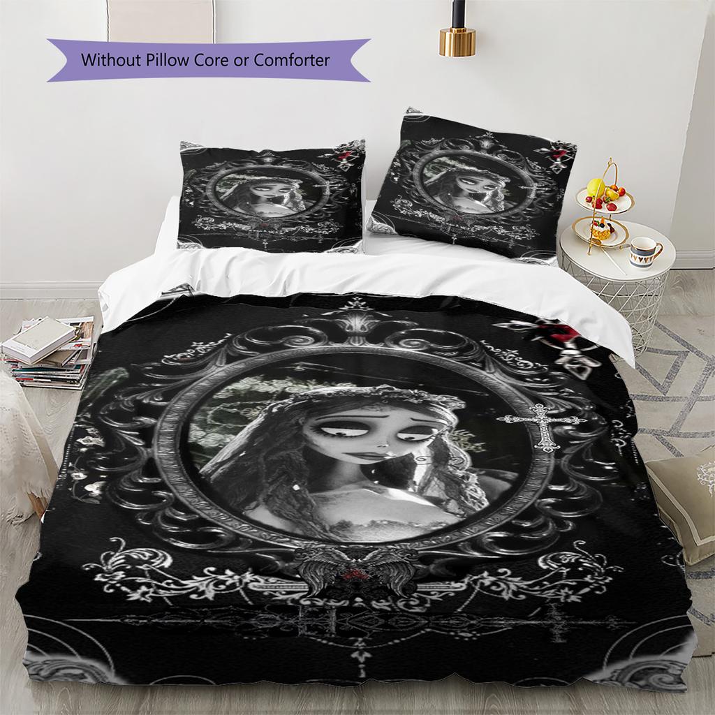 Corpse Bride Pattern Bedding Set Quilt Cover Pillowcase Home Decor Gift (1 * Duvet Cover + 2 * Pillowcase, Without Core)