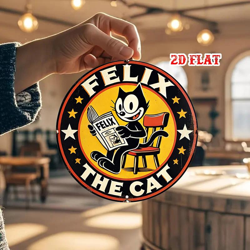 pc retro cartoon cat reading newspaper red chair round aluminum sign suitable for home garage restaurantframeless D flat