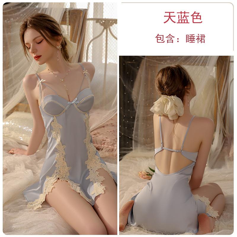 Women's Satin Push Up Padded Backless Cami Sleep Dress with Robe Lounge Set