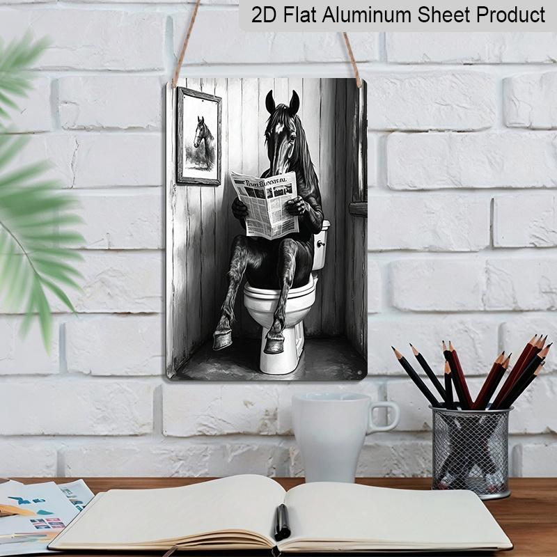 2D Vlak 8×12 Inch Grappig Paard Leest Krant op Toilet Metalen Bord - Grillige Zwart-Witte Badkamer Wanddecoratie, Aluminium Ophanging voor Toiletruimte