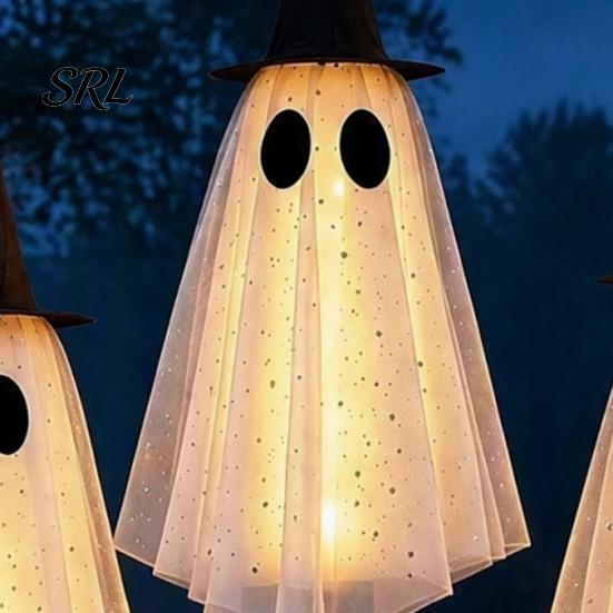Indoor Halloween Party Props 3 Pcs Hanging Ghost Decoration, Spooky Large Mesh Three Piece Set with Witch Hat for Porch, Yard, Entryway, Haunted House