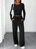 2025 European Cross-Border Spring/Autumn Solid Color Drawstring Waist Long Sleeve and Straight Leg Pants Casual Two-Piece Set
