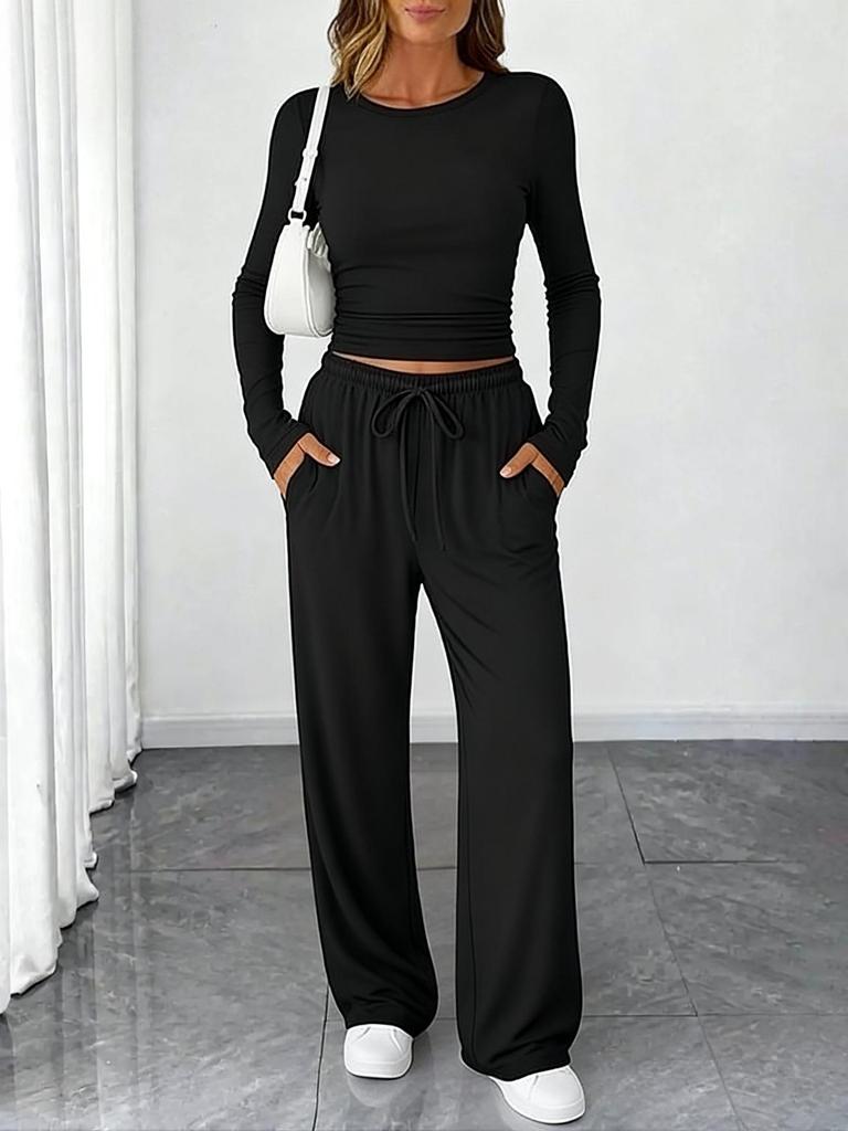 2025 European Cross-Border Spring/Autumn Solid Color Drawstring Waist Long Sleeve and Straight Leg Pants Casual Two-Piece Set