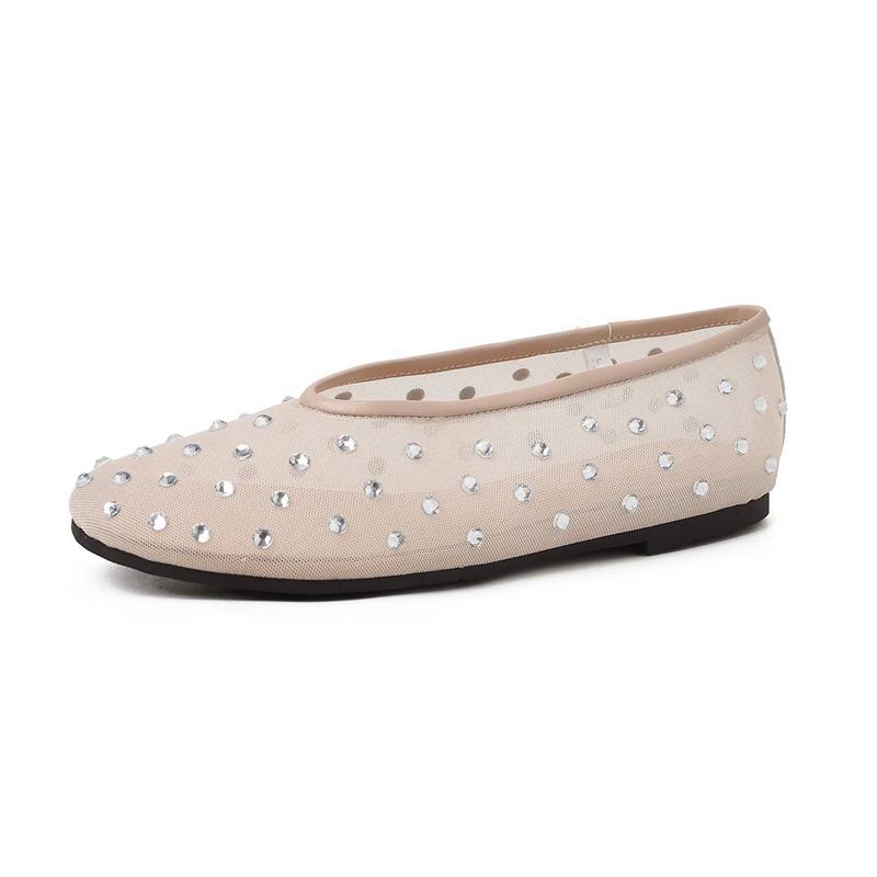 Krazing Pot Air Mesh Sheep Skin Flat with Crystal Beading Round Toe Jelly Shoes Embroidery Summer Size 42 Women Flats