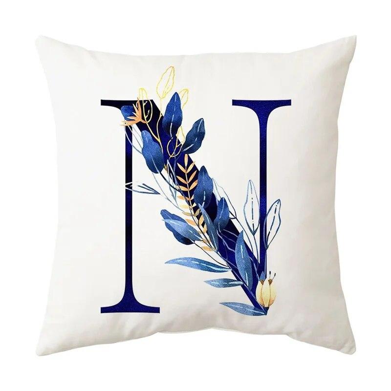 Blue Plant Alphabet Print Pattern Cushion Cover Home Living Room Sofa Decoration Square Throw Pillow Pillow Cover 45x45cm