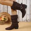 Women Wide Tube Two-Way Wearable Western Cowboy Boots Pointed Toe Mid-Calf Boot with Collar Flip Design Versatile Chunky Heel