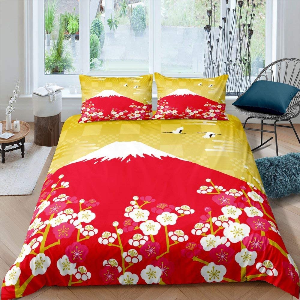Japanischer Stil Weiche Bettbezug-Set für Mädchen Polyester Berg Fuji Warme Deckenbezug Kirschblüten Blume Tinte Hplus Gemalt Bequemer Bettdeckenbezug