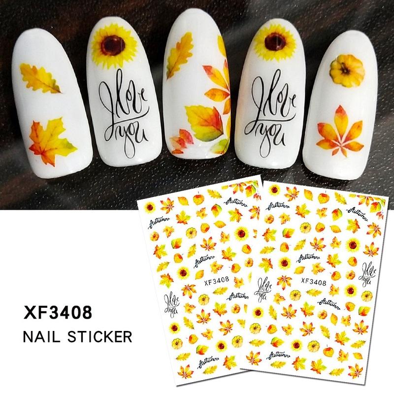 12 Sheet/set 3D Nail Stickers Autumn Winter Maple Leaf Transfer Sliders Paper Nail Decals for Manicures Wraps Tip