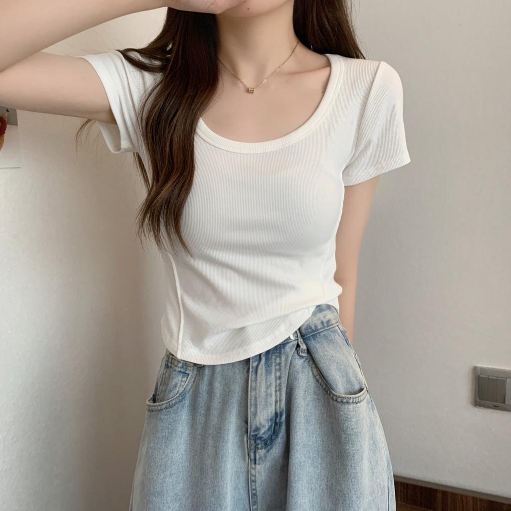 Fashion korean blue Women T-shirts summer short Sleeve U-neck casual Slim solid Simple irregular short t shirt Ladies y2k crop Tops Clothes