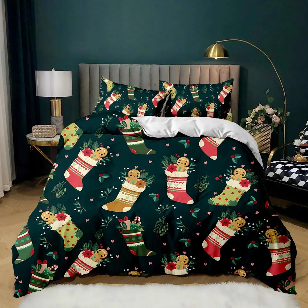 Christmas Duvet Cover Merry Christmas Stocking Comforter Xmas Gifts Bedding Set Kids Happy New Year Candy Polyester Qulit Cover