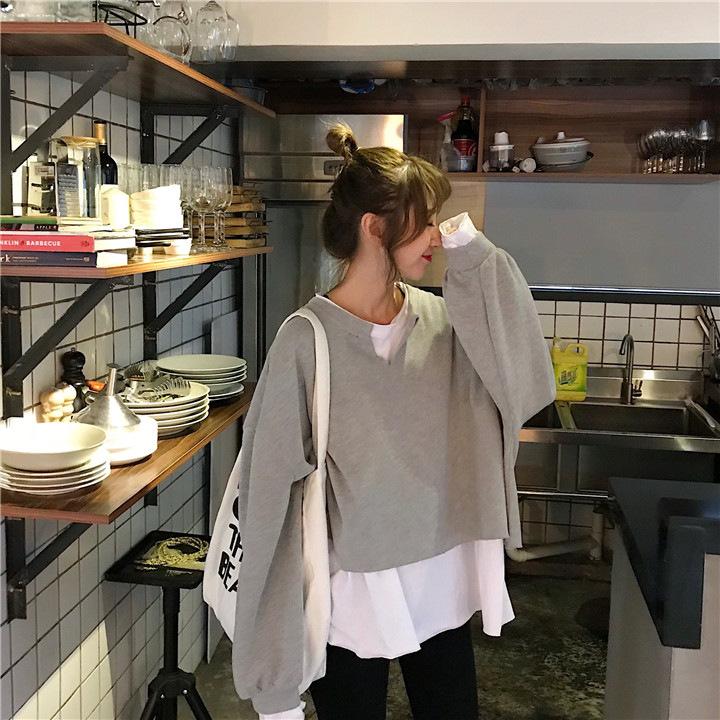 False Two Pieces Containing Cotton Design Sense Loose Sweater Female Thin Section Splicing Bottoming Shirt Literary Style Long-sleeved T-shirt Female