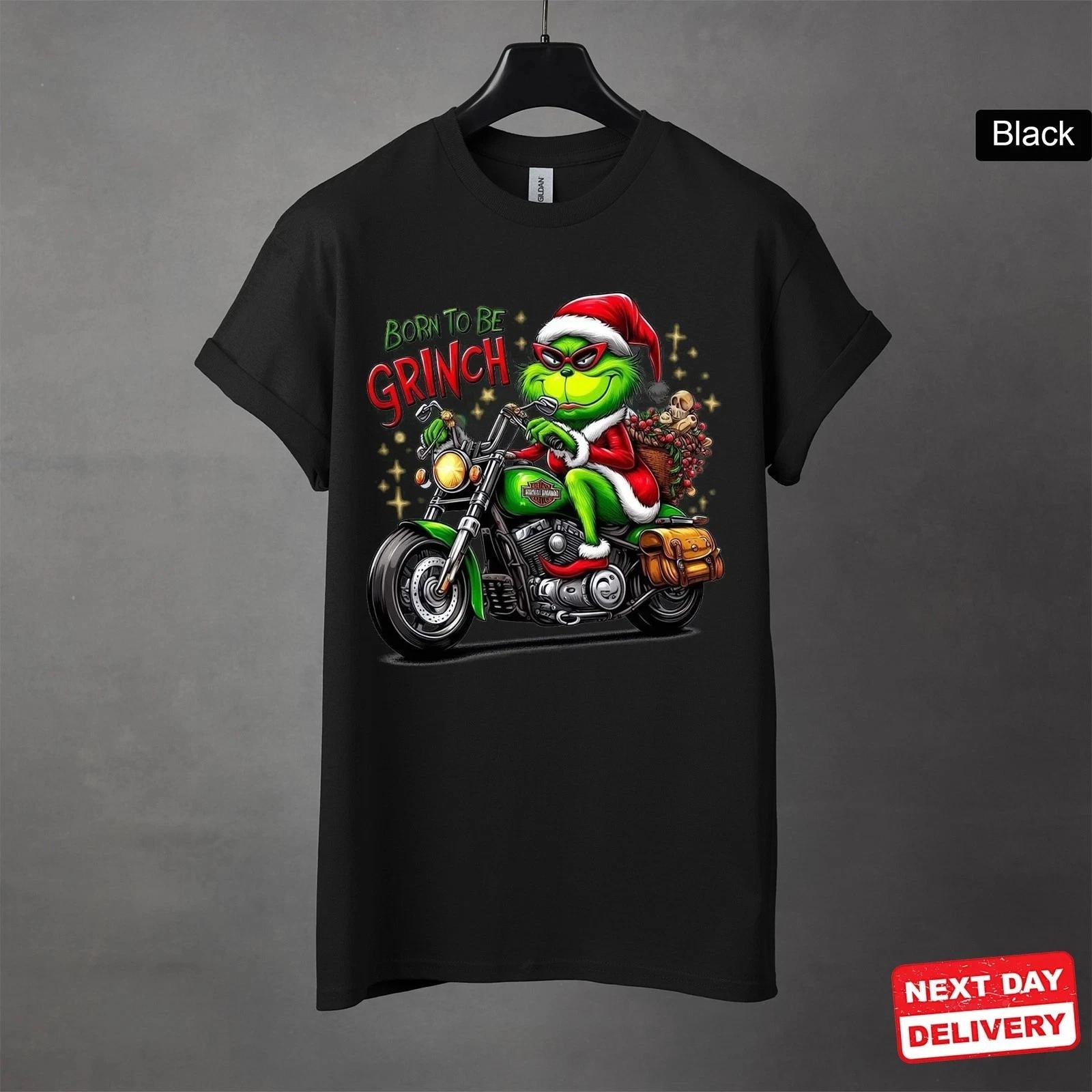 Grinch Christmas T-Shirt - Born to Be Grinch Riding Motorcycle L
