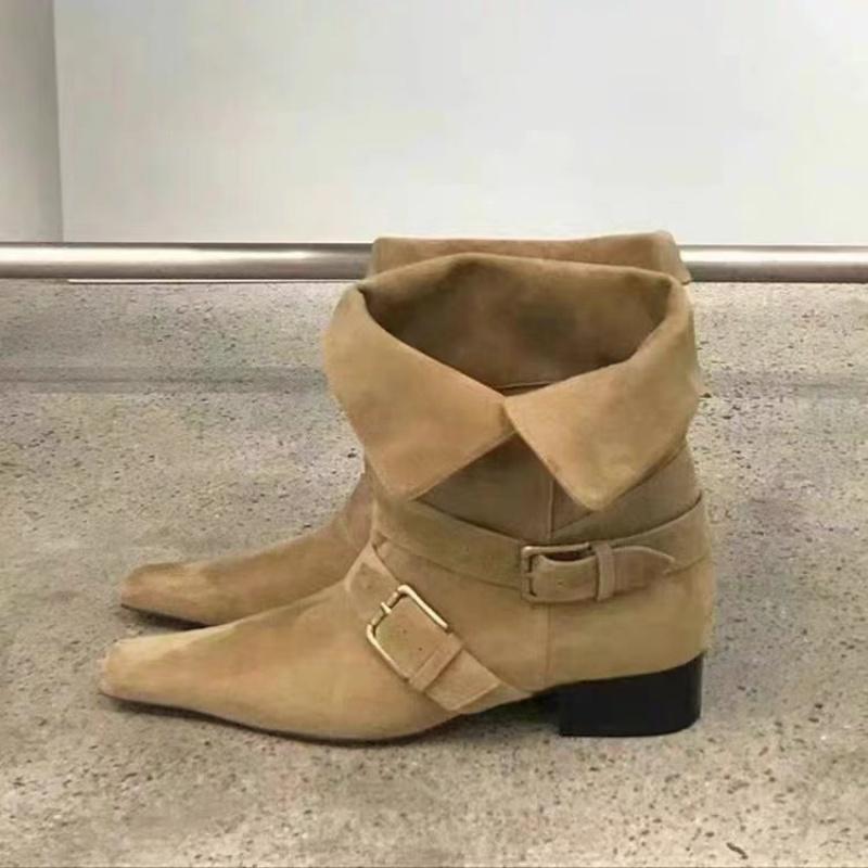 New Fashion Design Khaki Suede Leather Buckle Strap Pointed Toe Boss Boots Punk Style Goth Square Heel Women Shoes