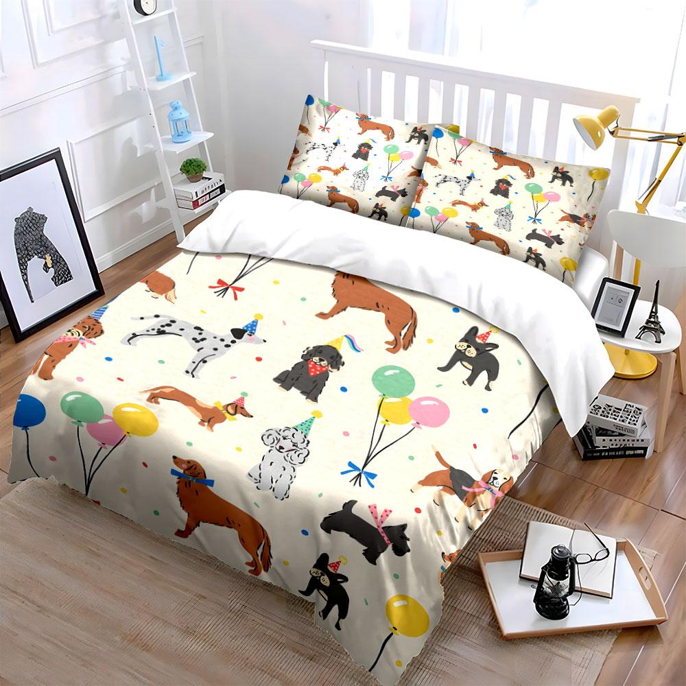 "Dog Party Themed Decor Set" Soft Skin-Friendly Bedding Set Includes 1 Duvet Cover And 2 Pillowcase Gift