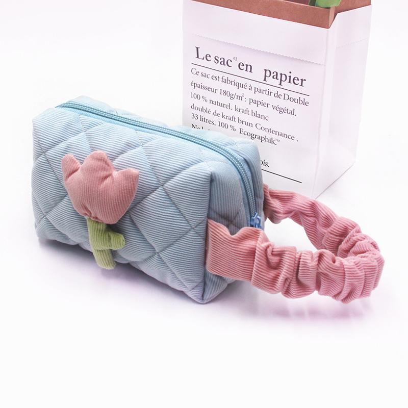 *Cute Corduroy Makeup Storage Bag Portable Travel Cosmetic Tulip Pouch Toiletry Organizer Large Capacity Flower Pattern Bags