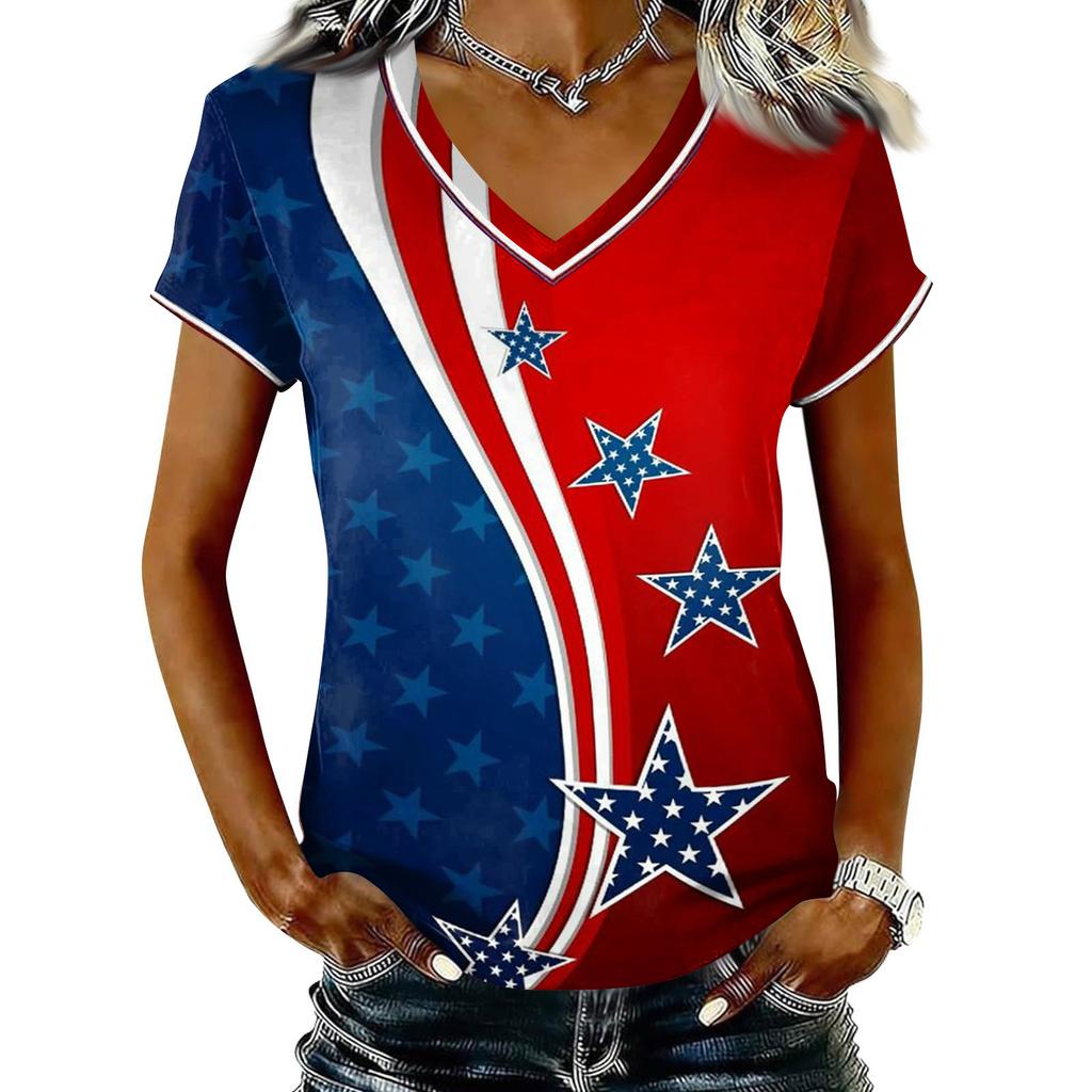 Women V Neck Short Sleeve Pullover T Shirt with Printed Star Pattern Casual Loose Fit Top for Everyday Wear