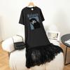 Loose and Relaxed Style Dress with Summer Frill Print Short-sleeved Blouse Skirt Long T-shirt Skirt Knee-length Dress