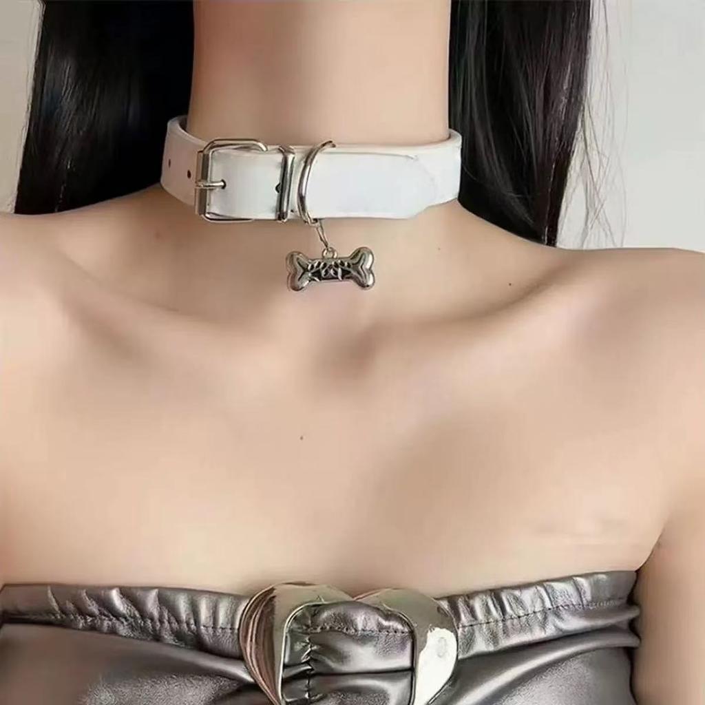 Bone Tag Leather Choker, Couple Minimal Design Adjustable Neck Collar Cosplay Accessory
