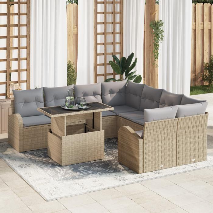 Ensemble de canapés de jardin vidaXL 9 pièces avec coussins beige poly rattan, Canapé de jardin 2 places vidaXL 3357353