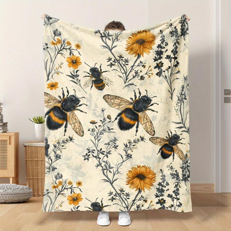 Cozy Soft Warm Skin-Friendly Bee Wildflower Flannel Throw Blanket Napping Camping Travel Sofa Bed Friends Family Gift Blankets