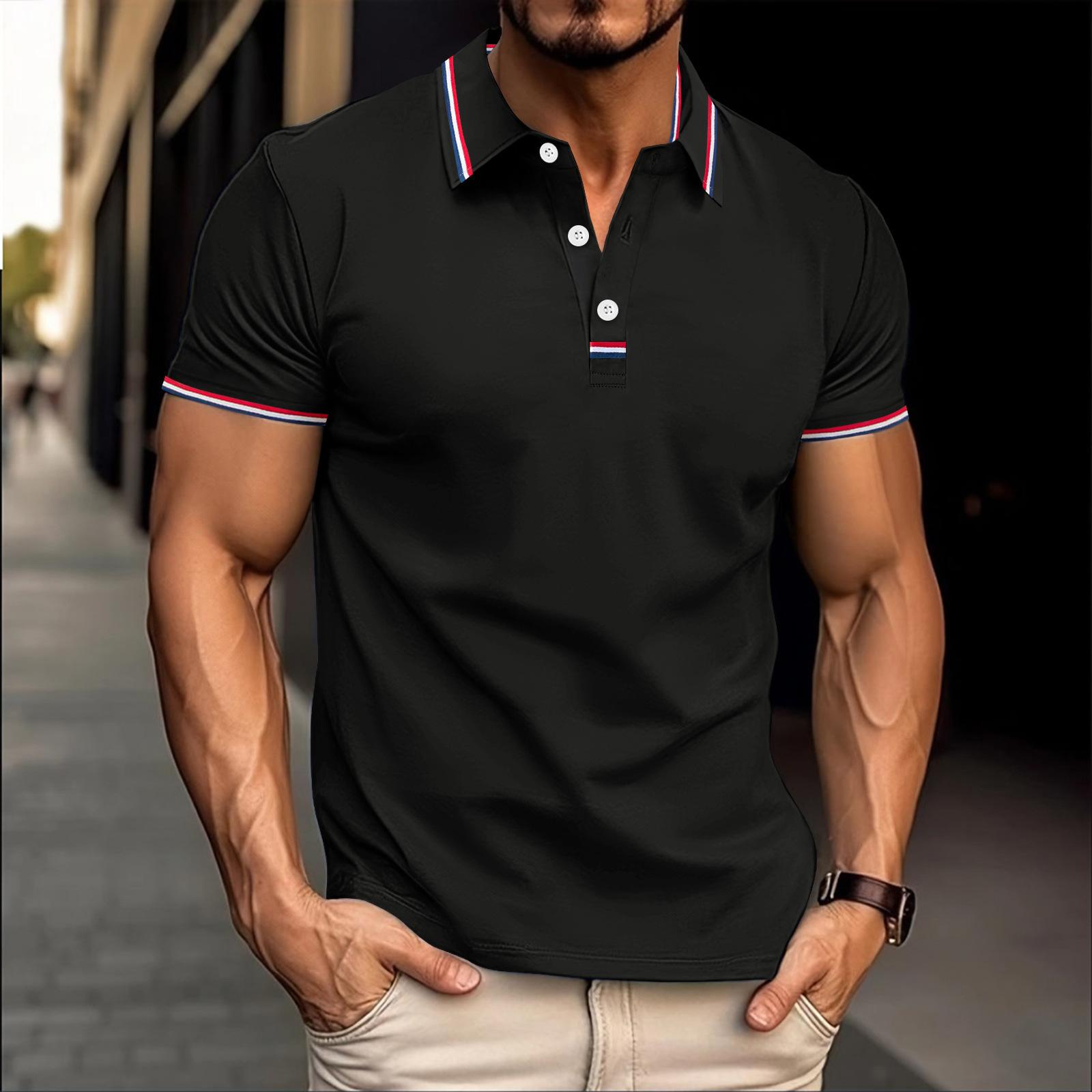 

New Men s Casual Polo Shirt Lapel Placket Pull Stripes Buttons T-shirt Tops XXXL