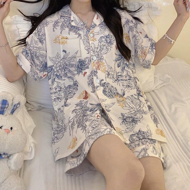 Niche Design Sense Of Simplicity And High-End Sense Monet Flower Summer Short-Sleeved Ice Silk Set Loungewear Set