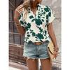 Women Floral Print V Neck Short Sleeve Blouse Casual Notch Collar Rolled Cuff Shirt