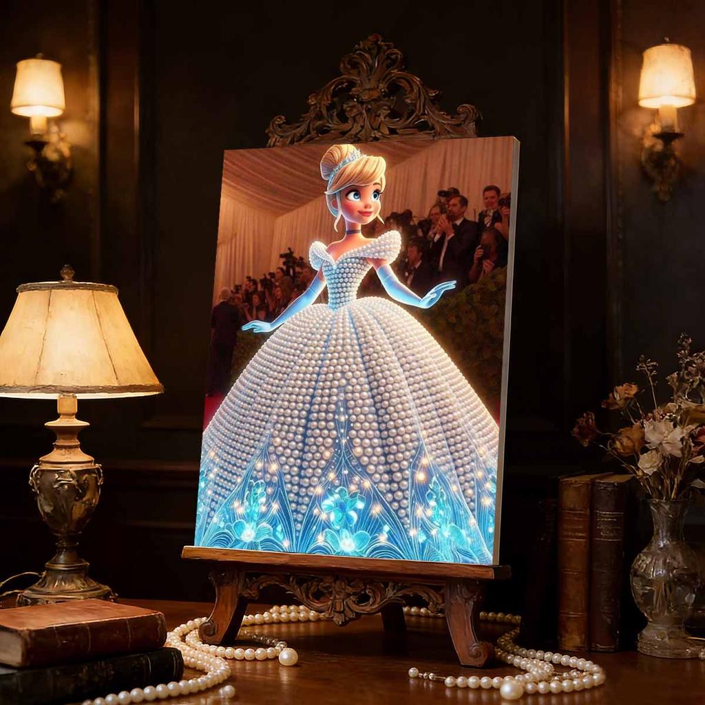 Red Carpet Gala Cinderella Pearl-Inlaid Frameless Art | Handmade Pearl Craft, Red Carpet Gala Theme, for Luxury Glam Home Decor & Gift Option