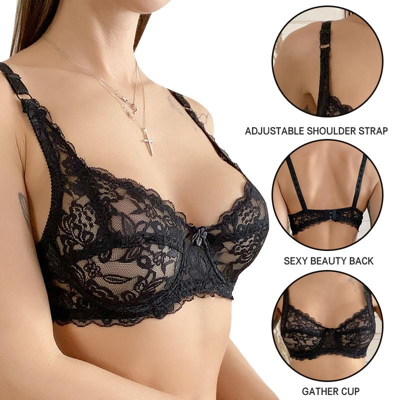 Damen-BH in Übergröße, ohne Polsterung, modisch, ultradünn, transparent, sexy, einlagige Spitze, Dessous