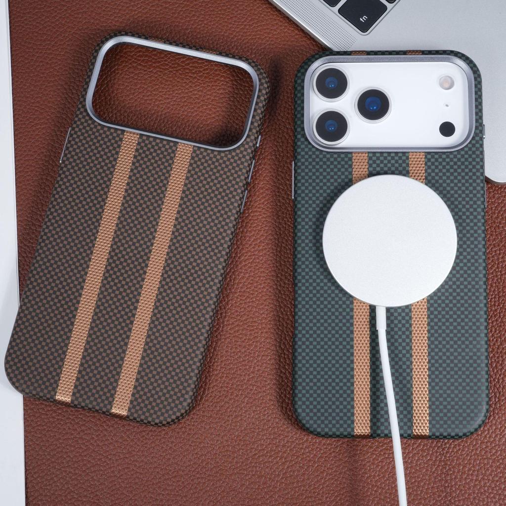 Sleek Sports Car Style Magnetic Leather Phone Case for iPhone17 Pro Max with Wireless Charging Gold Shield