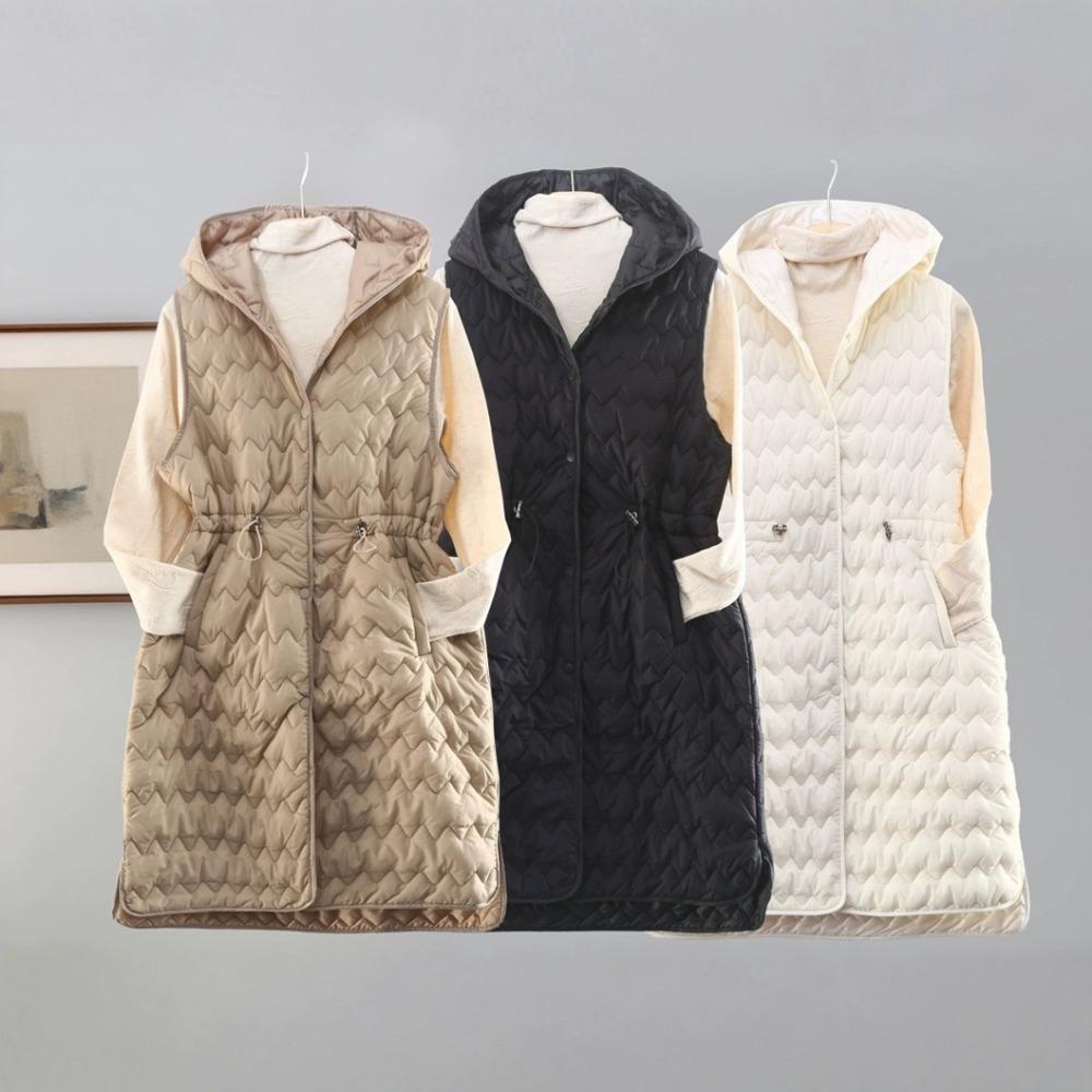 Winter Women's Ultra-light Long Puffer Hooded Vest Women's Casual Slim Shrink Belt Vest