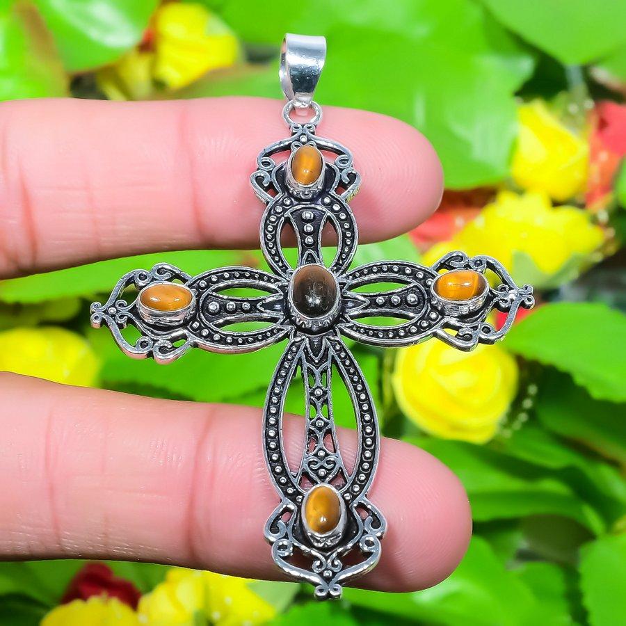 Cross- Tiger Eye Gemstone Handmade 925 Sterling Silver Gift Pendant 2.68" h9k95
