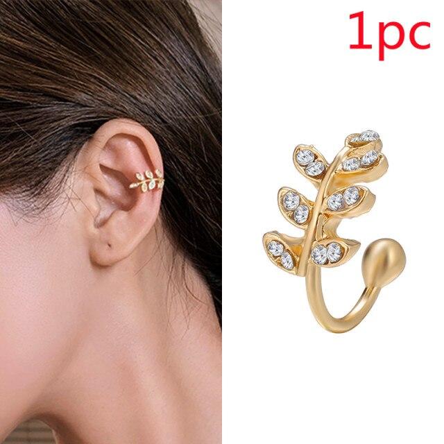 Stylish Fashionable Bohemian No Piercing Crystalline Rhinestone Leaf Ear Cuff Earrings Fake Piercing Clip For Women Earrings Jewelry BijouxTrendy Cuff
