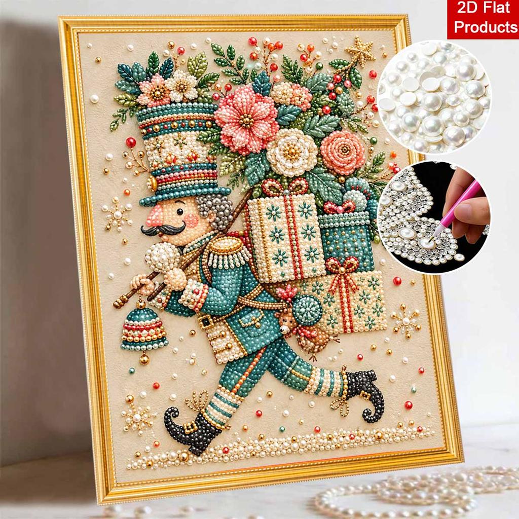 Christmas Nutcracker Pearl Bead Painting Kit with Frame Shiny Canvas Art for Creative Craft Home Decoration and Gift Holiday Wall Decor