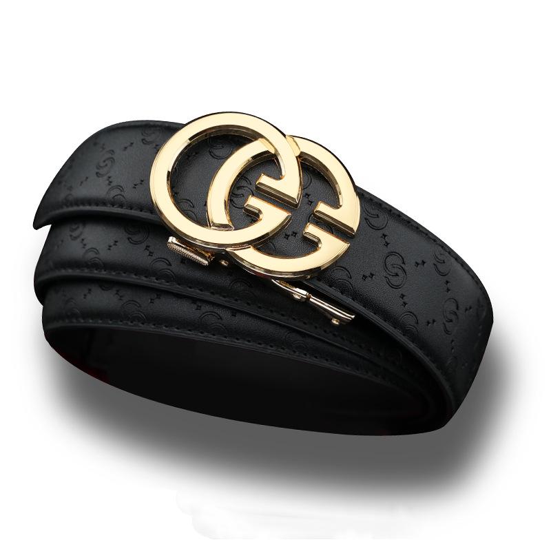 Męski luksusowy dwuwarstwowy pasek ze skóry bydlęcej z automatyczną klamrą i drewnianym pudełkiem prezentowym