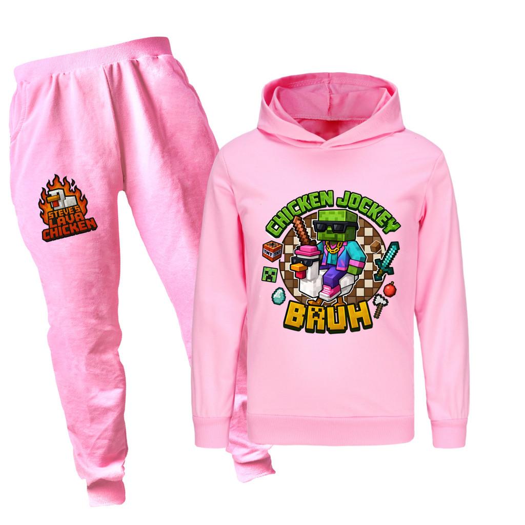 Minecraft Hühner-Jockey Kinder Cartoon Hoodie und Hose Set Aus Baumwolle Für Lässige Winterkleidung
