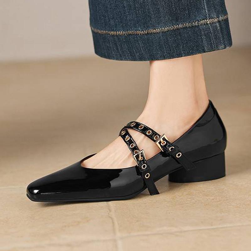 Krazing Pot Genuine Leather Square Toe Low Heels Summer Shoes Big Size 42 Buckle Straps Women Shallow Pumps