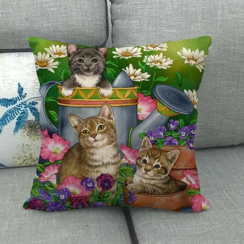 Lovely Cat Sleeping In The Garden Colorful Pillowcase Funny Animal Linen Cushion Cover Home Decor Seat Throw Pillow Covers