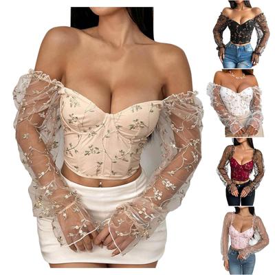 Women's Off Shoulder Corset Tops Trendy Floral Embroidered Mesh Long Sleeve  Crop Tops