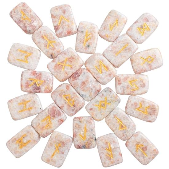 Crocon Sunstone Rectangle Shape Gemstone Runes with Elder Futhark Alphabet Engraved 25 Pcs Rune Set  : 20-25mm