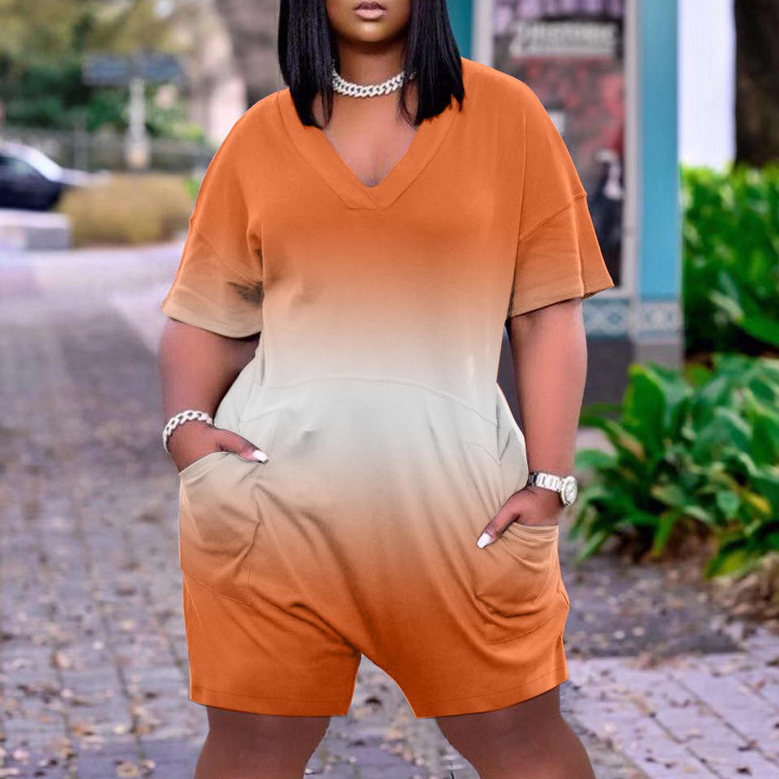 

(SU)Женские повседневные комбинезоны с короткими рукавами и V-образным вырезом больших размеров, широкие шорты, комбинезоны (С-5xL) L оранжевый