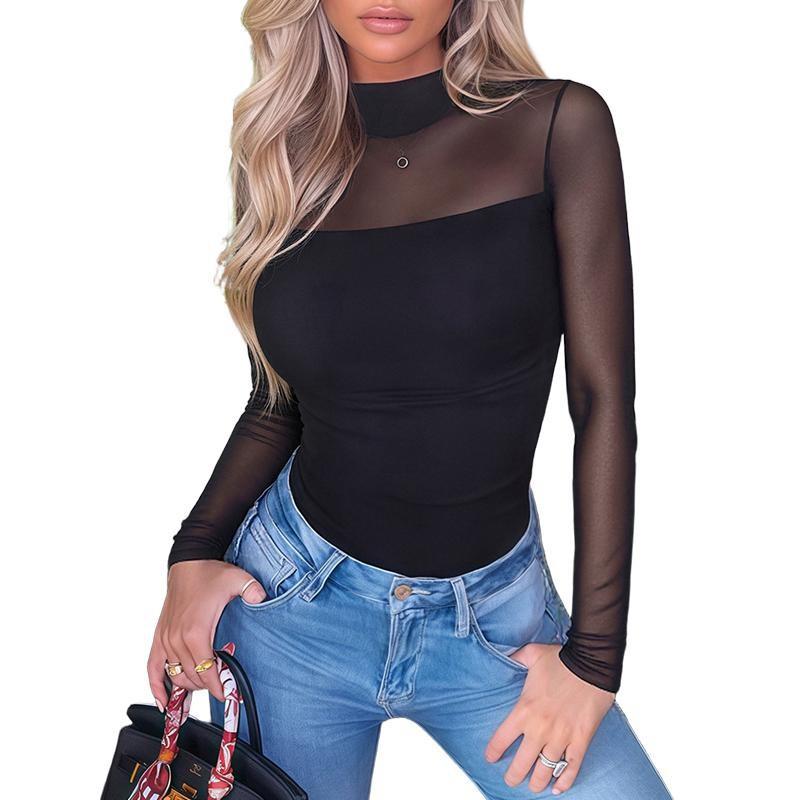 Women's Turtleneck Shaped onesie Long Sleeve Mesh Slim Fit Bottom Shirt Seamless Tights Dinner Trend Wear
