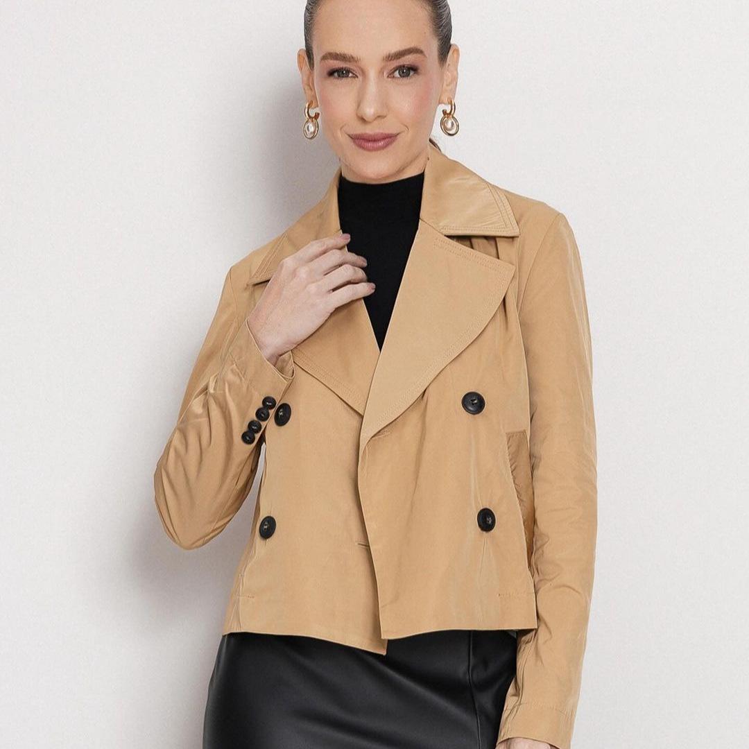 

2024 Осень Женское Европейское и Американское Однотонное Приталенное Короткое Тренч-пальто с Лацканами XXL верблюд