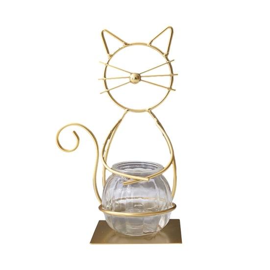 Decorative Ornament, Cat-Shaped Rust-Proof Iron Bracket with Transparent Glass Vase for Hydroponic Plants Desktop Decoration