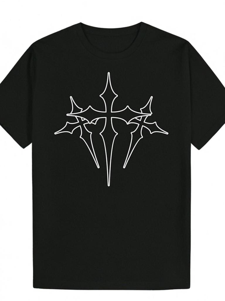 Crew Neck Polyester Graphic T-shirt - Gothic Cross Design